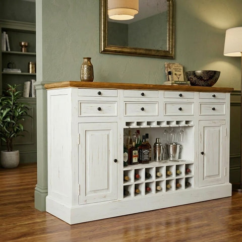PRITI Wooden Drink Cabinet Bar Counter in White Distressed Finish | Home Bar Cabinet