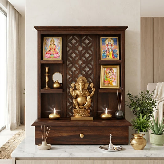PRITI Wooden Home Temple – Dark Walnut Sheesham Wood Pooja Mandir