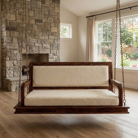 PRITI Wooden Jhula for Home | 2 Seater Swing with Crème Boucle Upholstery