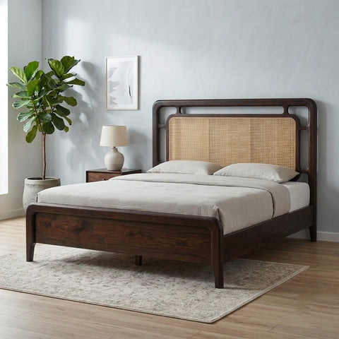 PRITI Wooden King Bed with Cane Weave Headboard