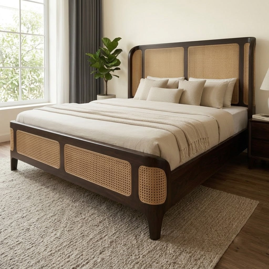 PRITI Wooden King Bed with Woven Cane Headboard