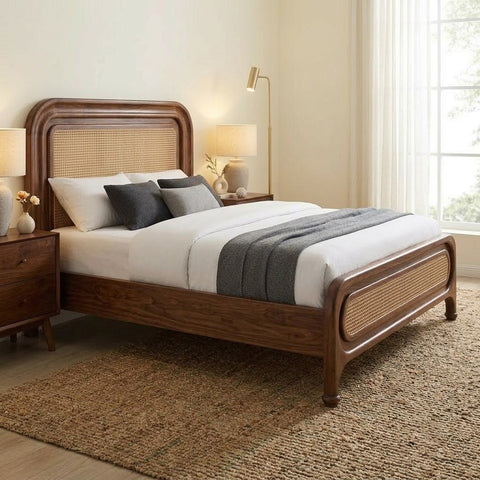 PRITI Wooden King Size Bed with Natural Cane Detailing