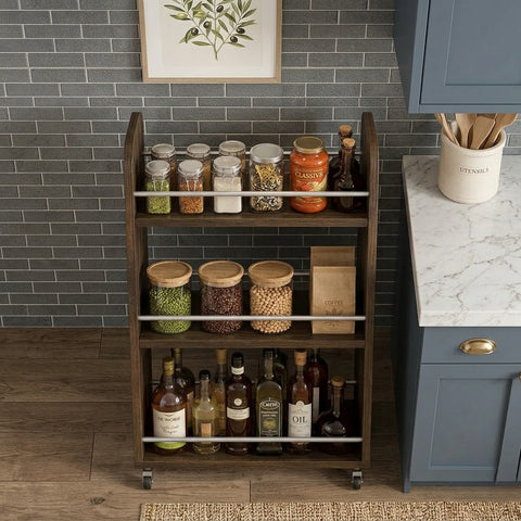PRITI Wooden Kitchen Utility Trolley with Stainless Steel Rails