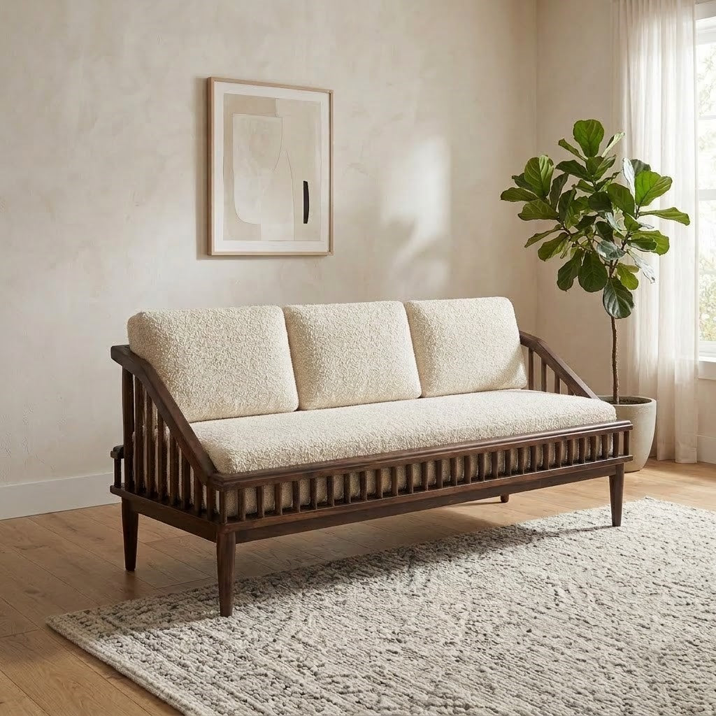 PRITI Wooden Living Room Sofa with Crème Boucle Upholstery