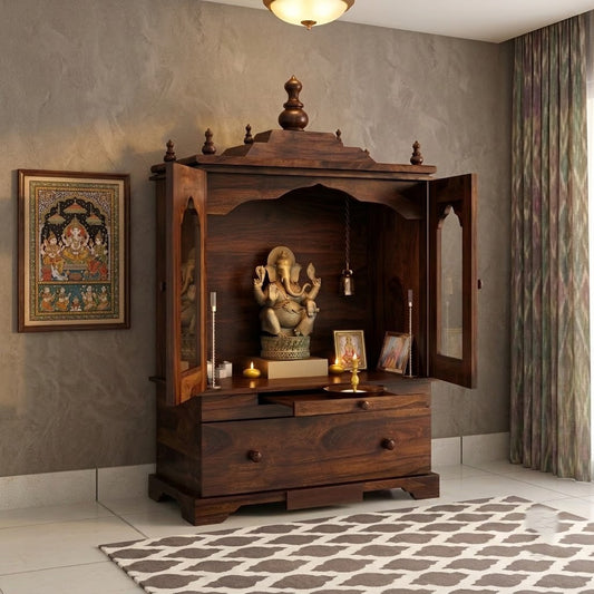 PRITI Wooden Pooja Mandir for Home with Elegant Walnut Finish