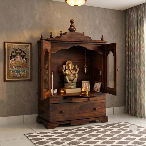 PRITI Wooden Pooja Mandir for Home with Elegant Walnut Finish