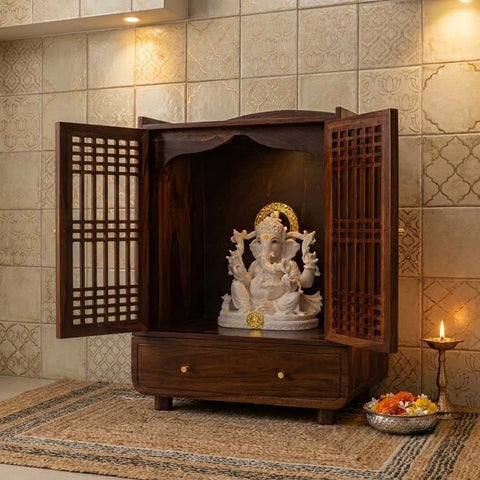 PRITI Wooden Pooja Mandir with Panelled Doors and Spacious Drawer
