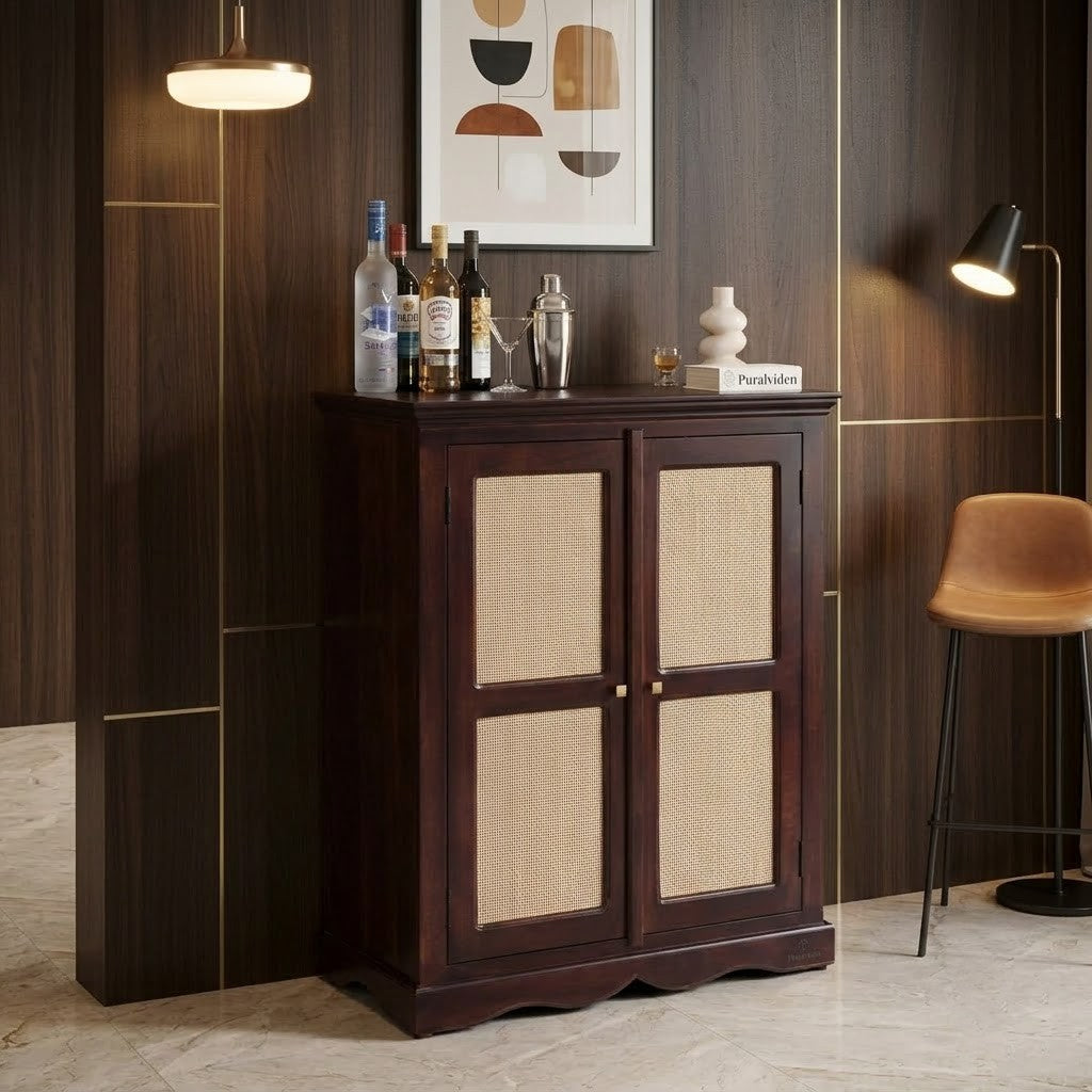 PRITI Wooden Rattan Bar Cabinet for Living Room & Dining Area