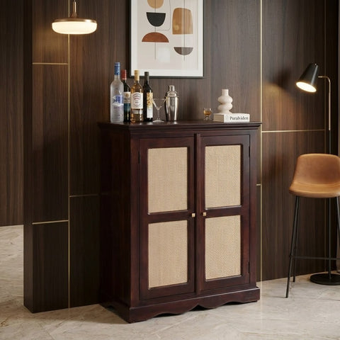 PRITI Wooden Rattan Bar Cabinet for Living Room & Dining Area