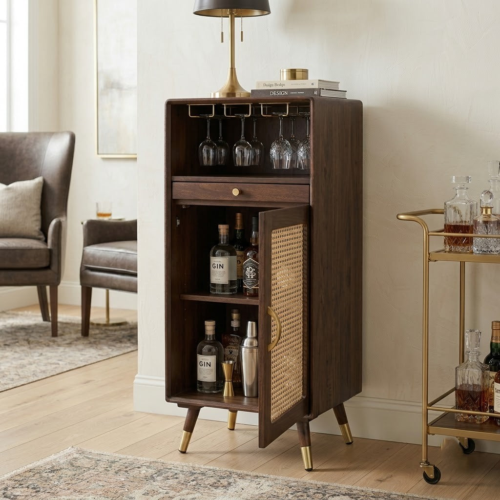 PRITI Wooden Rattan Cane Mini Bar Cabinet with Storage