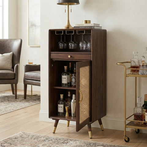 PRITI Wooden Rattan Cane Mini Bar Cabinet with Storage