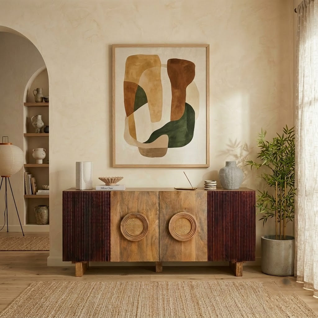 PRITI Wooden Sideboard Cabinet with Natural Rattan