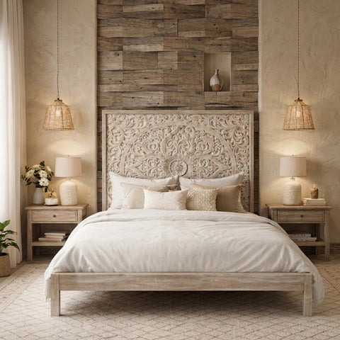 PRITI Wooden Slice Mango Wood Bed with Hand-Carved Floral Headboard