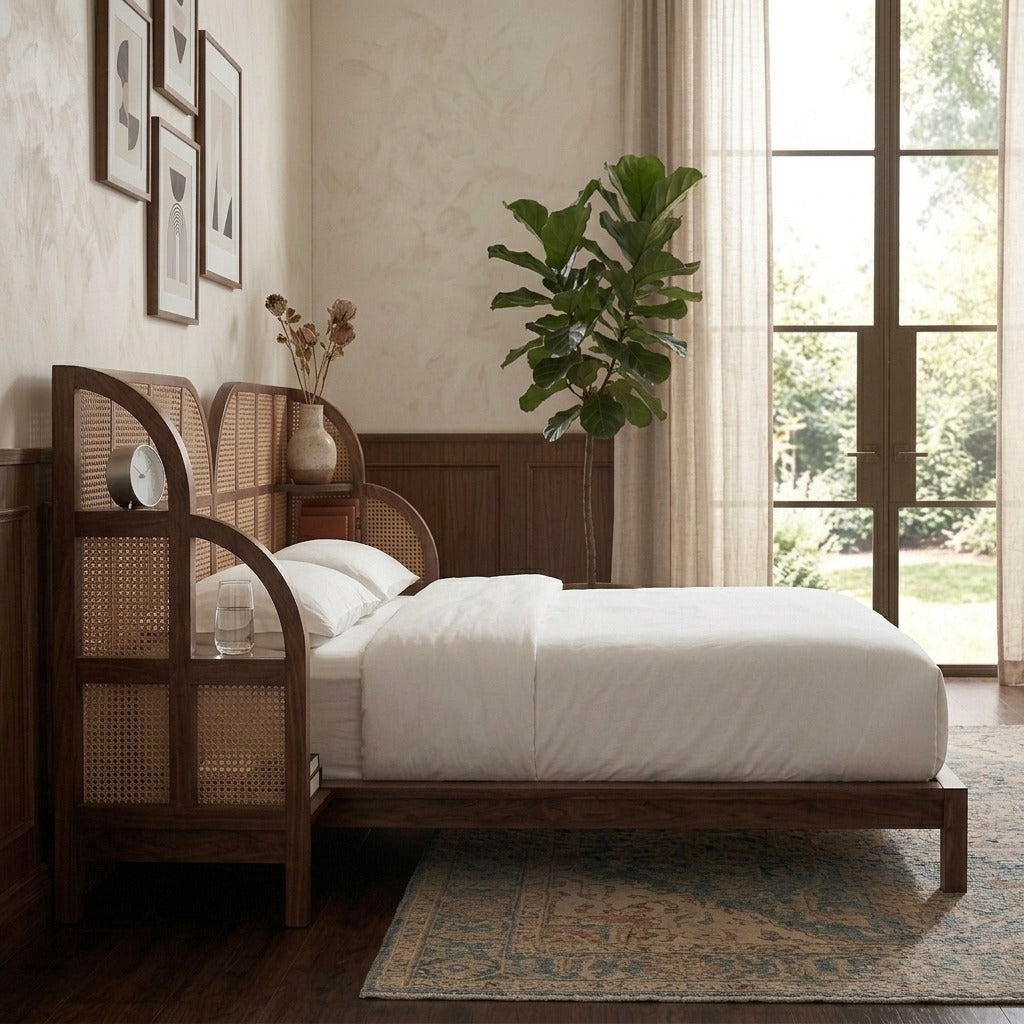 PRITI Wooden Slice Solid Wood Bed with Natural Rattan Cane