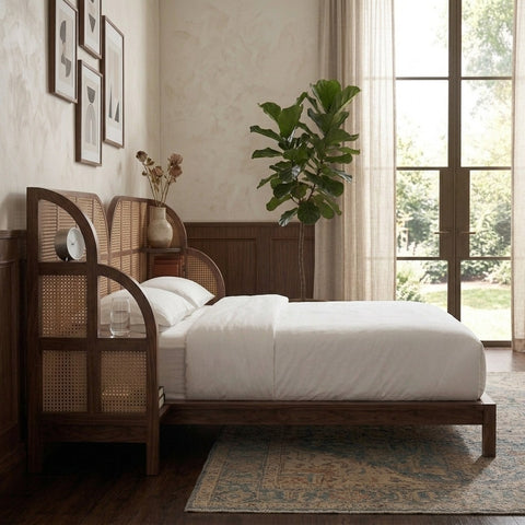 PRITI Wooden Slice Solid Wood Bed with Natural Rattan Cane