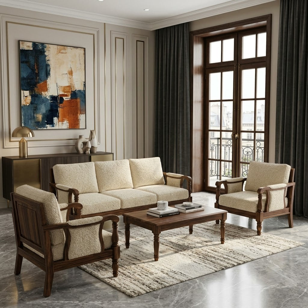 PRITI Wooden Sofa Set | 3+1+1 Sheesham Wood Sofa Set for Living Room
