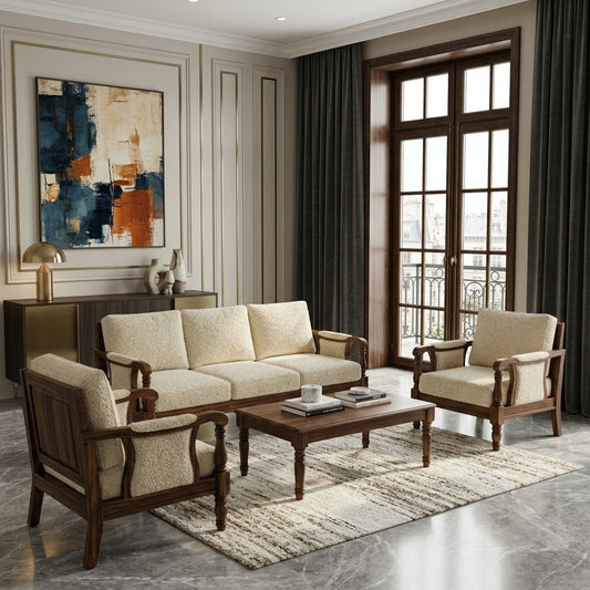 PRITI Wooden Sofa Set | 3+1+1 Sheesham Wood Sofa Set for Living Room