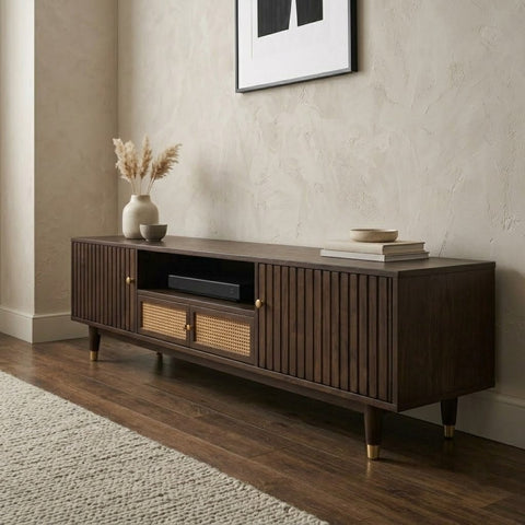 PRITI Wooden TV Console with Cane Storage – Large Media Unit