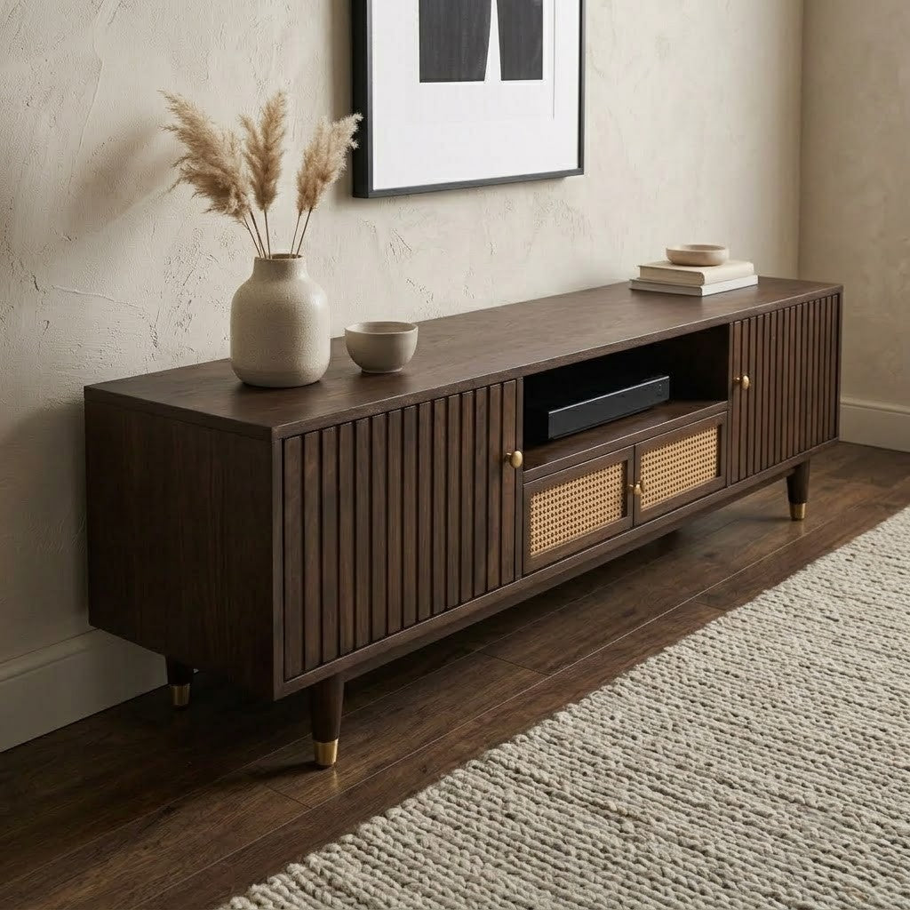 PRITI Wooden TV Console with Cane Storage – Large Media Unit