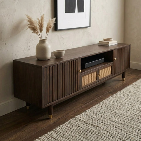 PRITI Wooden TV Console with Cane Storage – Large Media Unit