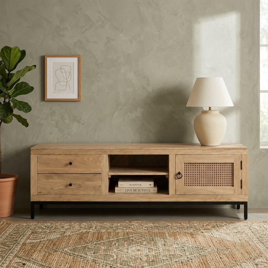 PRITI Wooden TV Unit 180 CM – Stylish Cane Panel Media Console
