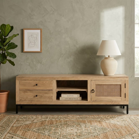 PRITI Wooden TV Unit 180 CM – Stylish Cane Panel Media Console
