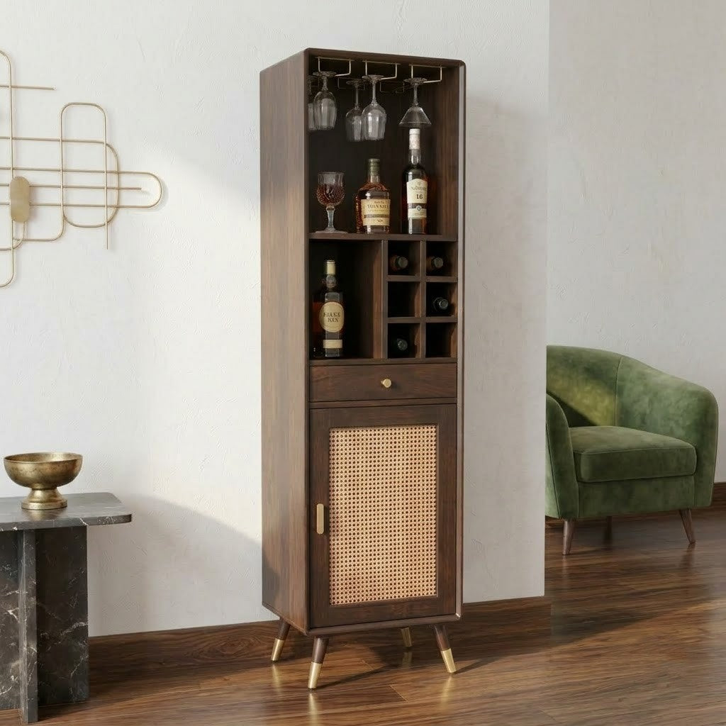 PRITI Wooden Tall Bar Cabinet with Glass Hanger & Rattan Cane Doors