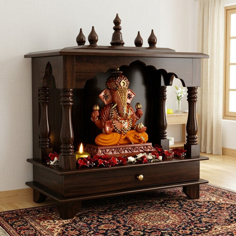 PRITI Wooden Wall Mounted Mandir – Dark Walnut Sheesham Finish