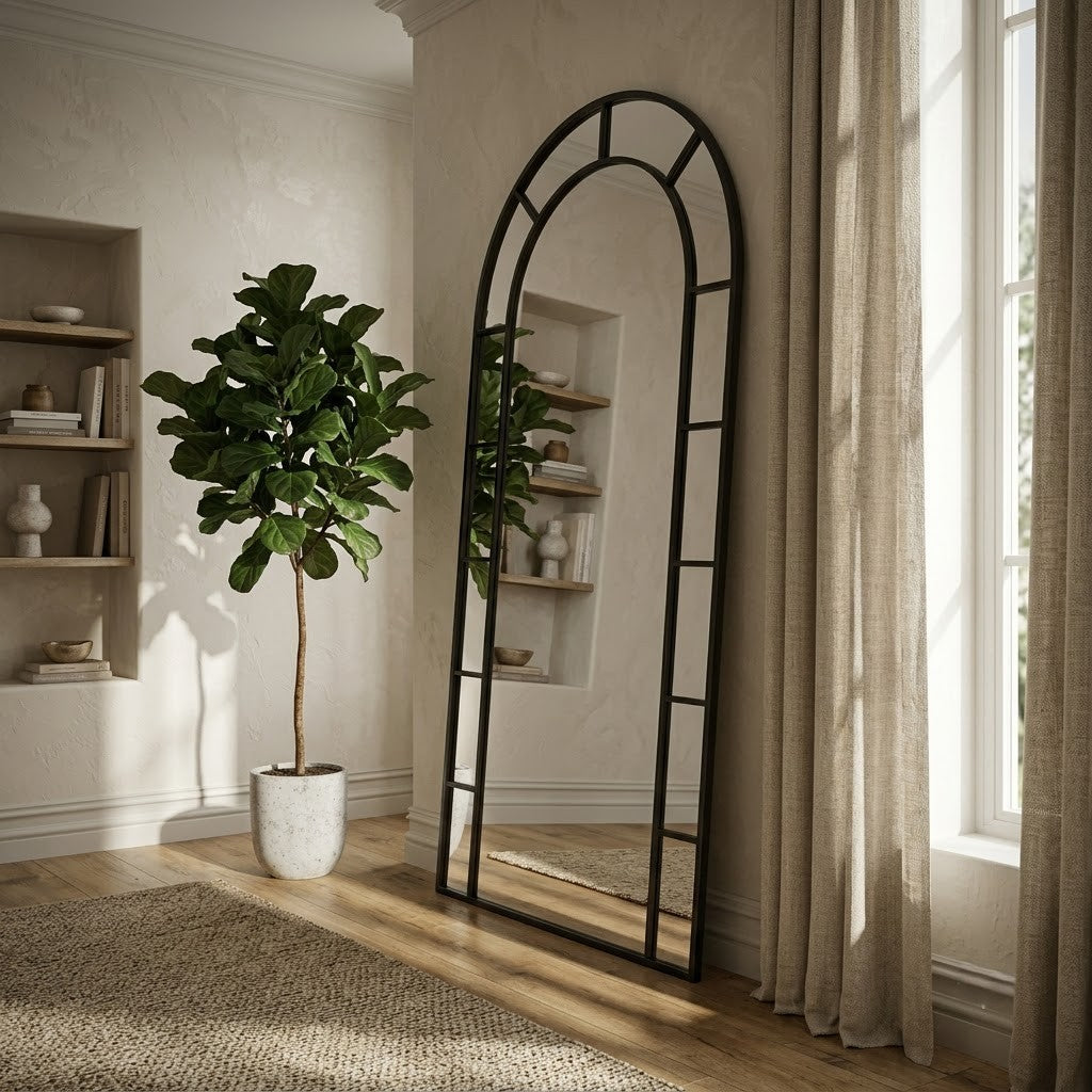 PRITI black metal round top frame mirror for home