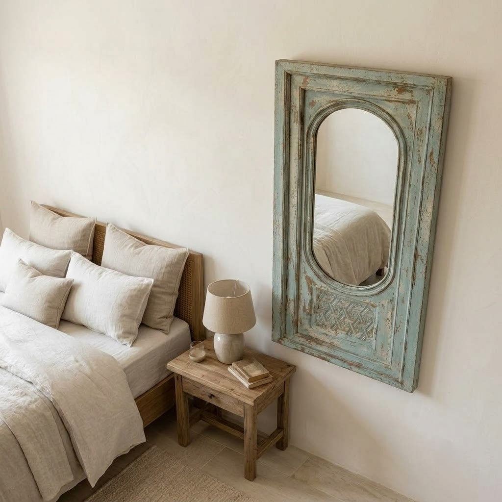 PRITI blue mango wood vintage wall mirror with hand-carved frame