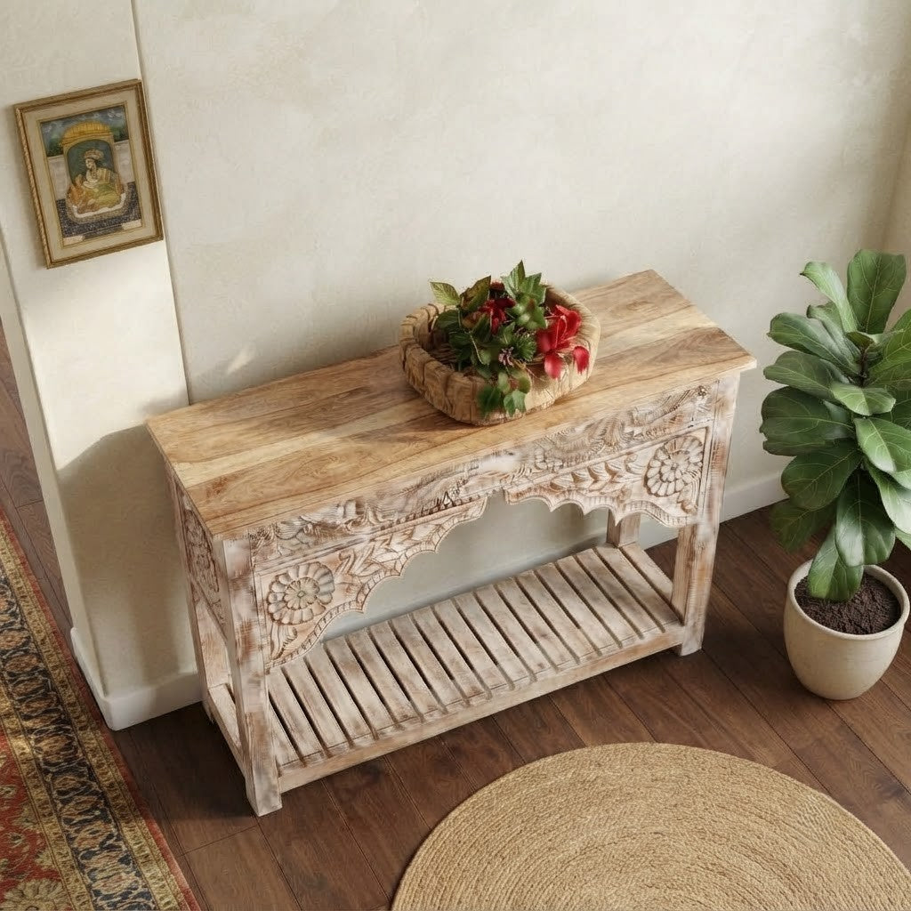 PRITI carved Mango Wood hallway console table with lower shelf
