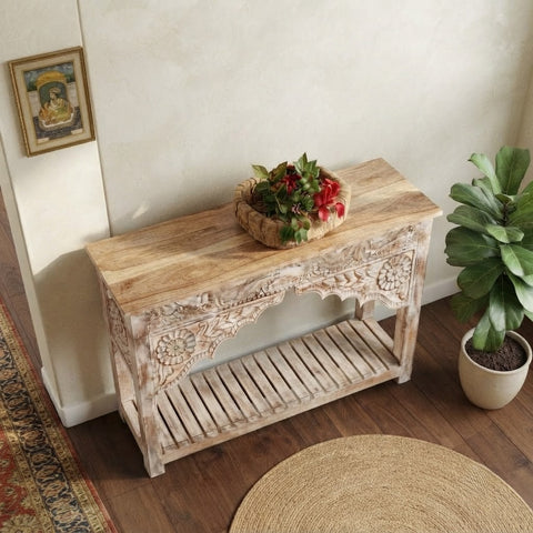 PRITI carved Mango Wood hallway console table with lower shelf