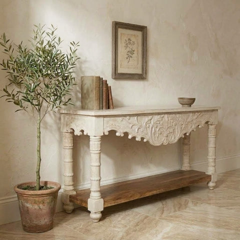 PRITI carved mango wood console table 150 cm with whitewashed finish