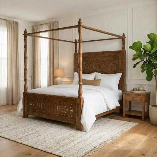 PRITI carved mango wood four poster bed in teak finish