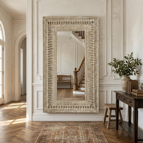 PRITI carved mango wood wall mirror 180 cm with white-washed finish