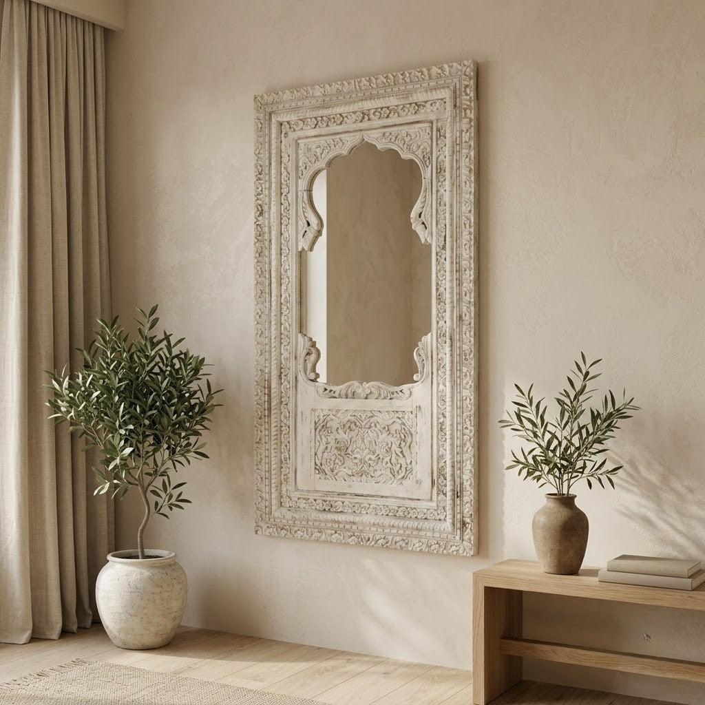 PRITI carved white washed wooden wall mirror in solid mango wood 190 cm