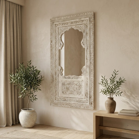 PRITI carved white washed wooden wall mirror in solid mango wood 190 cm