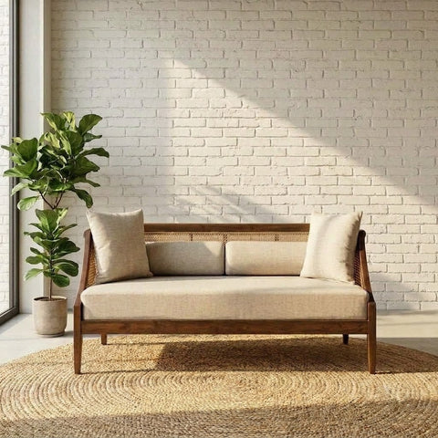 PRITI contemporary three seater wooden sofa with cane detailing