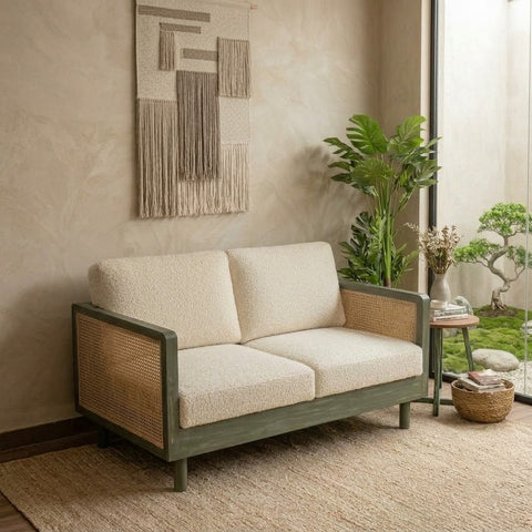 PRITI contemporary wooden 2-seater sofa in Distress Green finish