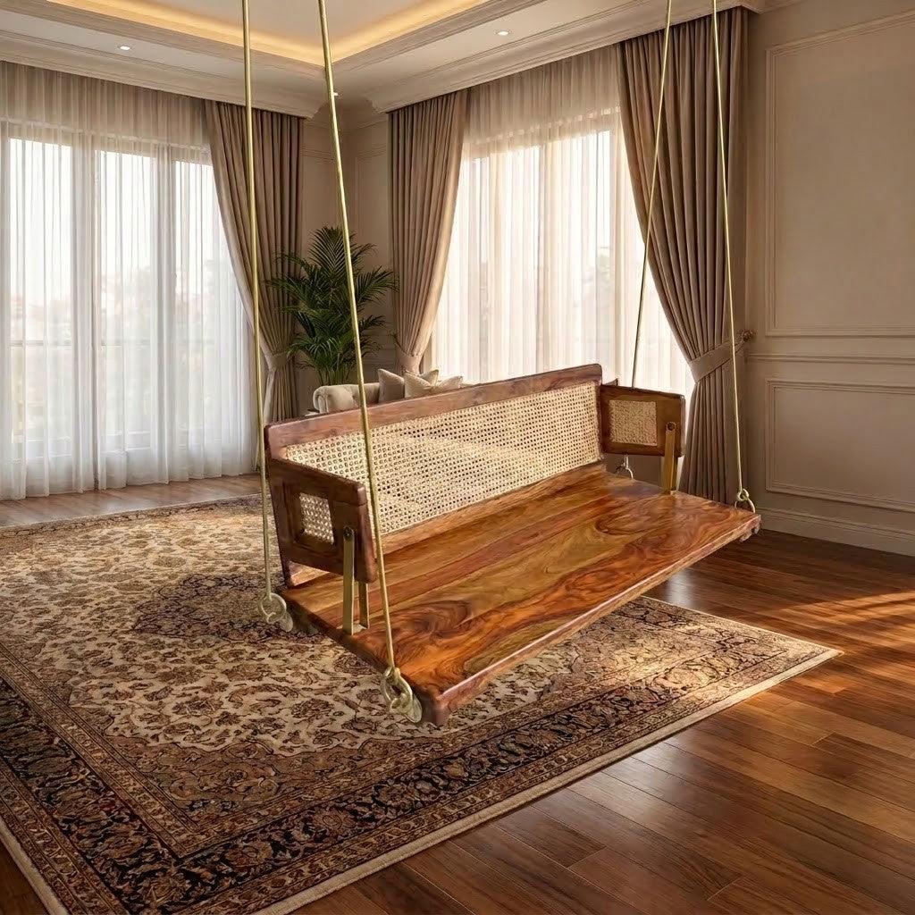 PRITI contemporary wooden Jhula with Sheesham wood and cane detailing