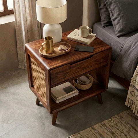 PRITI contemporary wooden bedside cabinet in dark walnut finish