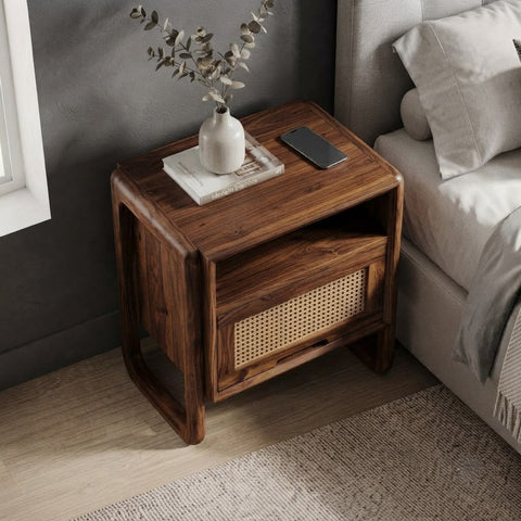 PRITI contemporary wooden bedside cabinet with cane front