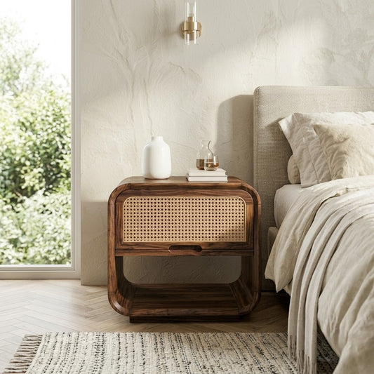 PRITI contemporary wooden bedside cabinet with woven cane detail