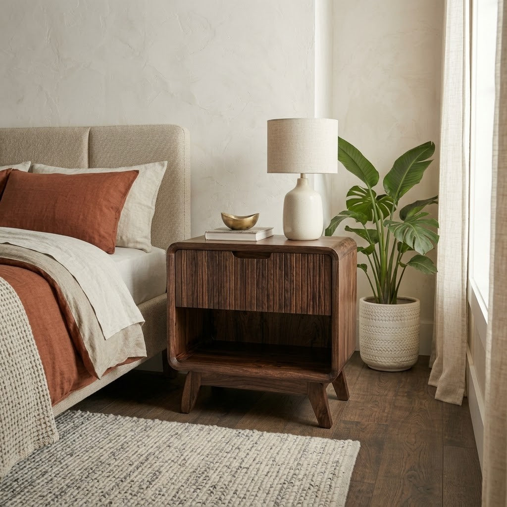 PRITI contemporary wooden bedside table in Dark Walnut finish