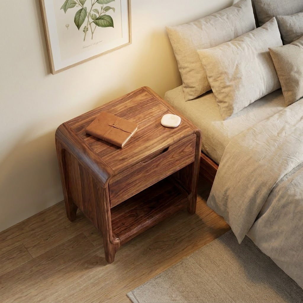 PRITI contemporary wooden bedside table with cabinet storage