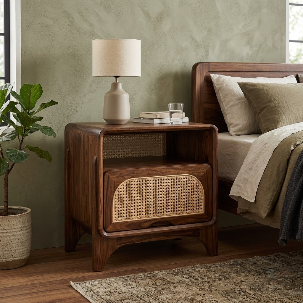 PRITI contemporary wooden bedside table with drawer for bedroom