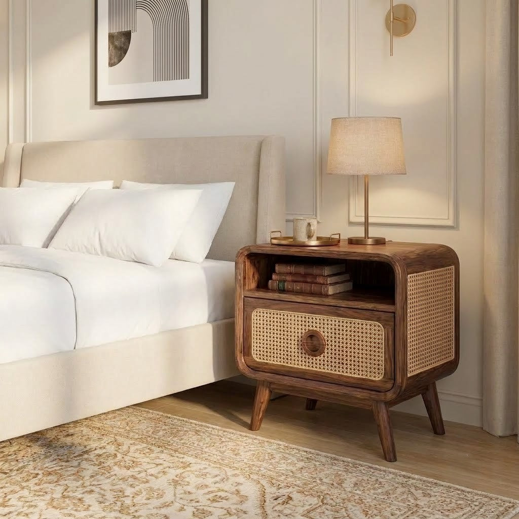 PRITI contemporary wooden bedside table with storage drawer