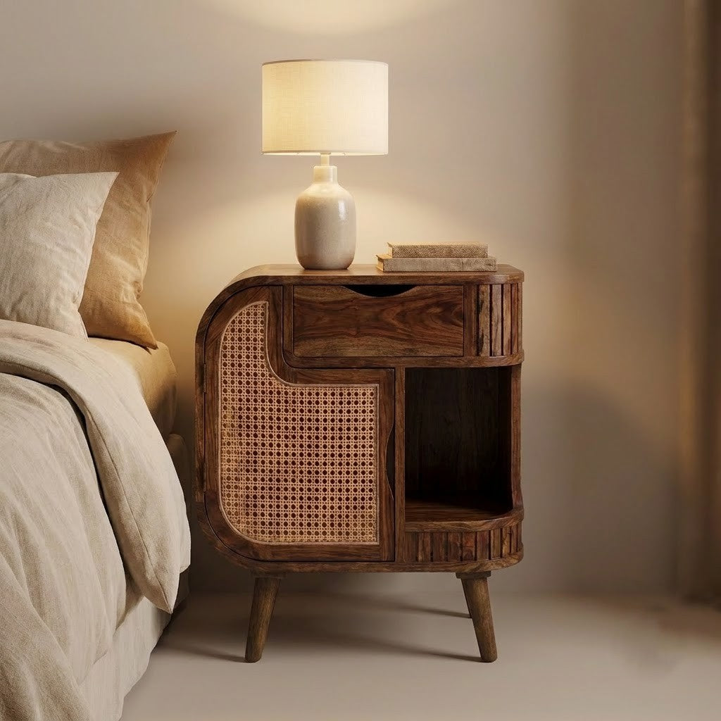 PRITI contemporary wooden nightstand with Honey Walnut finish for bedroom