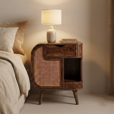 PRITI contemporary wooden nightstand with Honey Walnut finish for bedroom