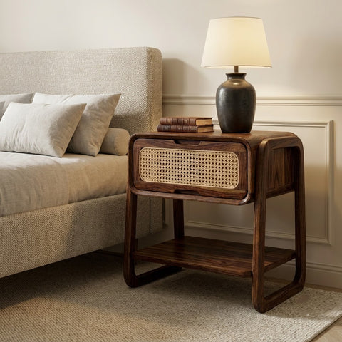 PRITI contemporary wooden nightstand with Honey Walnut finish